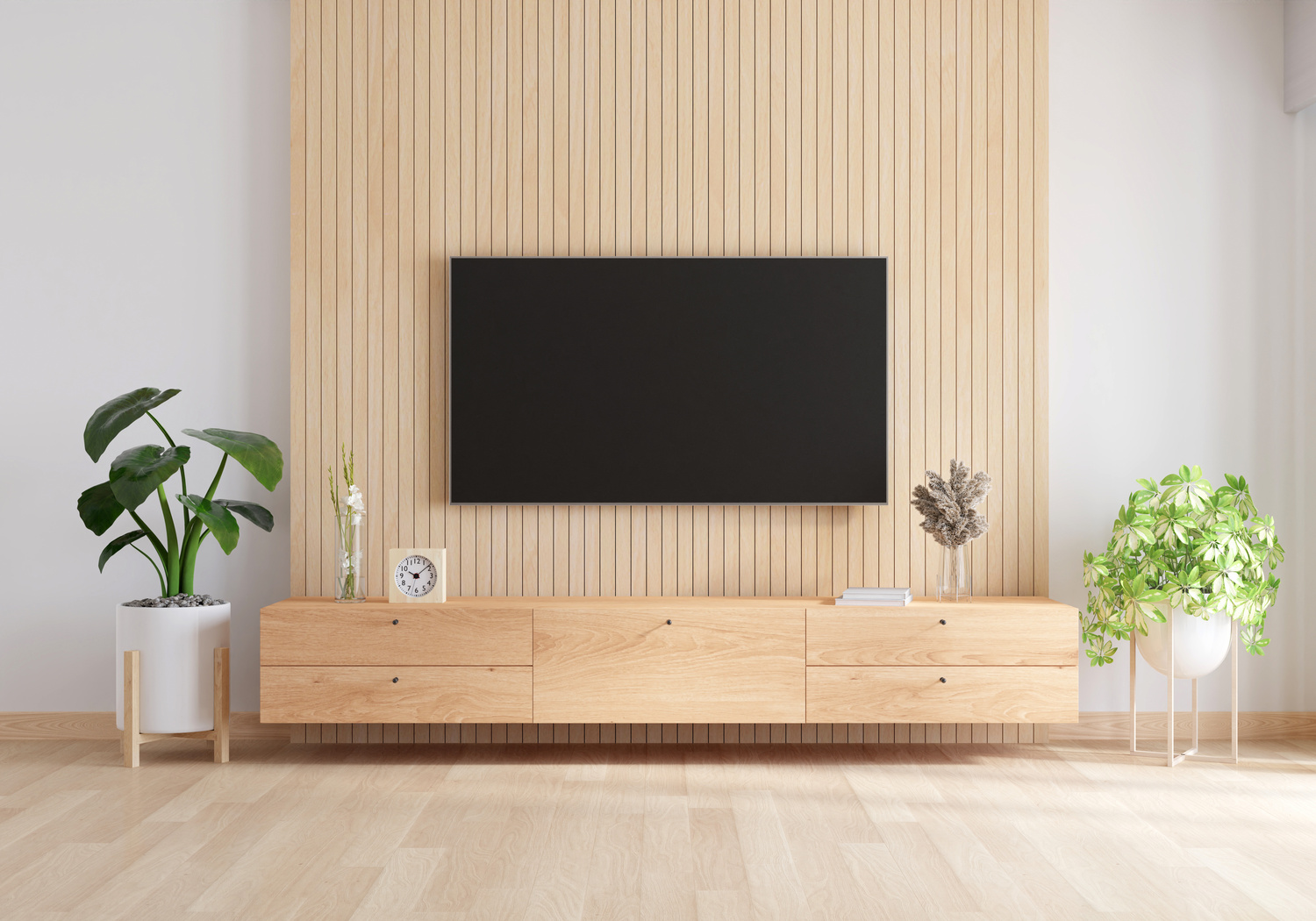 Widescreen TV and wood sideboard in living room, 3D renderin