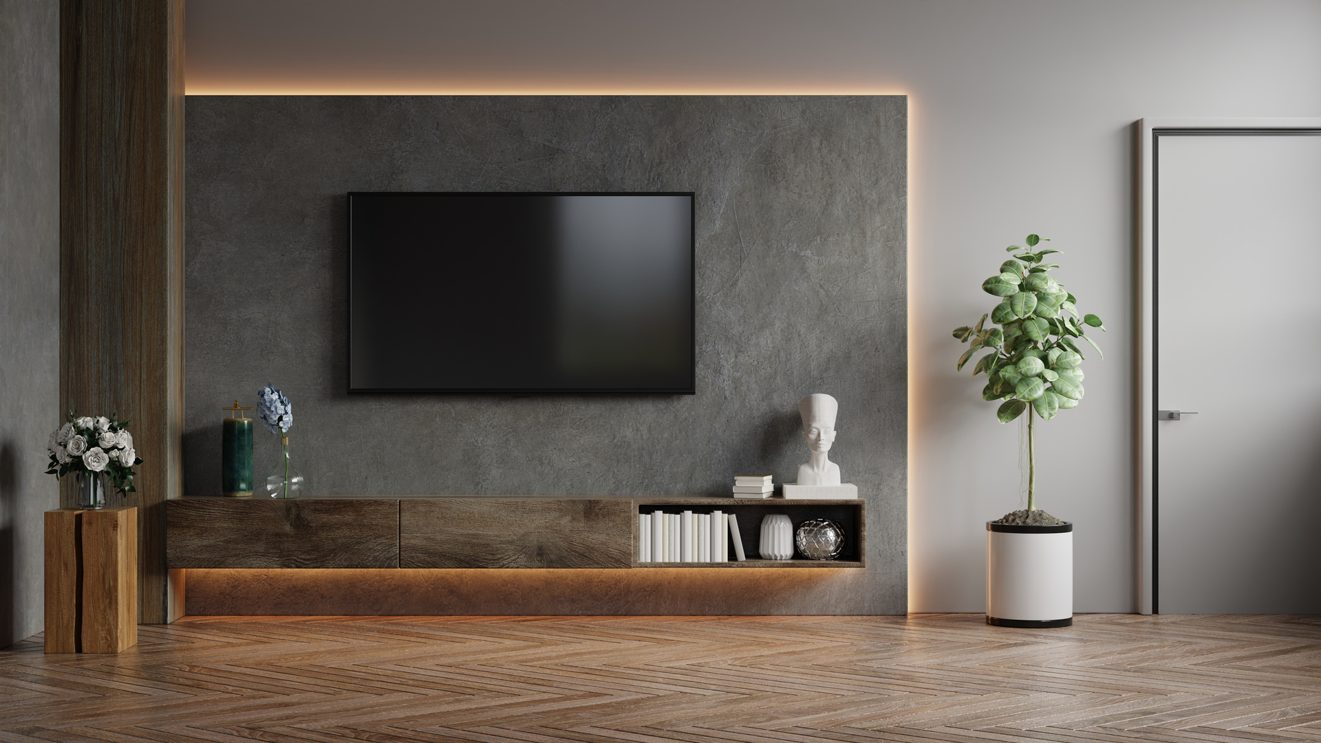  TV Wall Mounted in a Living Room with Concrete Wall